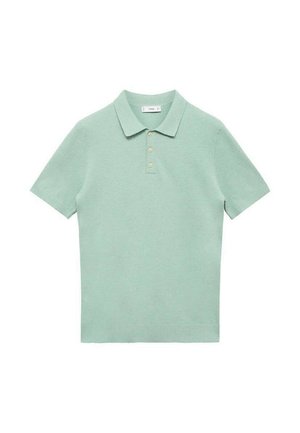 Polo shirt scurt cu mânecă, de culoare verde deschis, fabricat dintr-un material texturat. Prezintă un guler tradițional și un închizător cu trei nasturi.