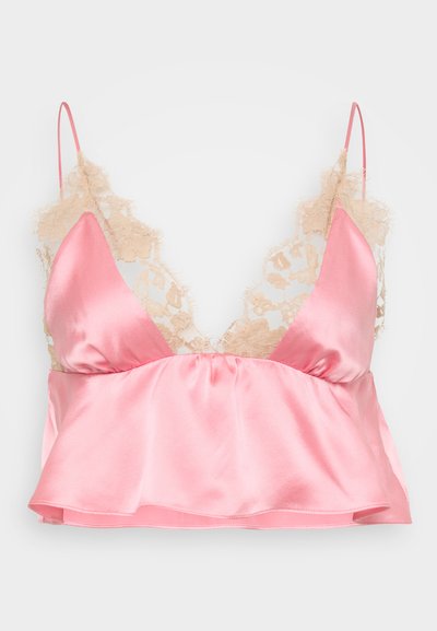Satin rožnata majica na naramnice z čipkastimi robovi. Ima V-izrez in nastavljive naramnice. Razširjen rob z gladko teksturo. Čipkasti detajli v bež barvi.
