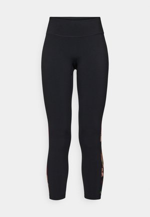 Fekete sport leggings magas derékkal, testhezálló kialakítással és virágos oldalsó díszítéssel. Rugalmas, texturált anyagból készült.