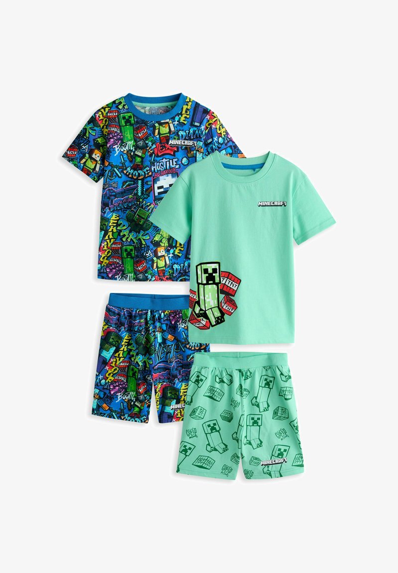 Zwei Sets von Kinder-Pyjamas im Minecraft-Stil mit Grafik-T-Shirts und passenden Shorts, mit Creeper- und TNT-Block-Designs in Blau und Grün.