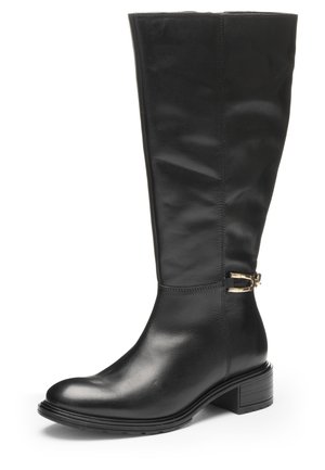 Black knee-high leather boot with low block heel and decorative gold buckle on outer side near the ankle.
