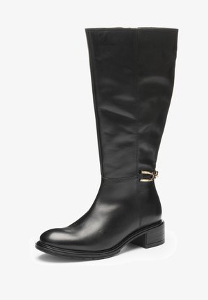 Black knee-high leather boot with low block heel and decorative gold buckle on outer side near the ankle.