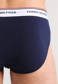 Marineblaue Baumwollunterhosen mit einem rot-weißen elastischen Bund, der das Logo "TOMMY HILFIGER" trägt. Sie haben eine glatte Textur und sitzen eng.