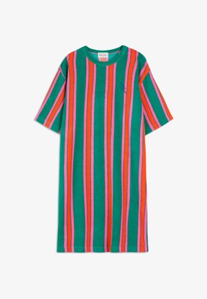 Grünes Baumwollkleid mit kurzen Ärmeln und horizontalen Streifen in Pink, Orange und Lila. Mit einem auf der Brust gestickten Logo.