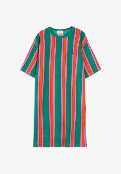 Zelena pamučna haljina s kratkim rukavima i horizontalnim prugama u ružičastoj, narančastoj i ljubičastoj boji. Sadrži izvezeni logo na grudima.