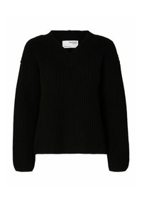 Maglione nero a maglia con scollo a V, caratterizzato da una texture a coste, maniche lunghe e una vestibilità morbida. L'etichetta riporta "SELECTED/TRADE."