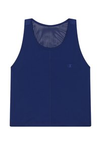Marineblauwe sportieve tanktop van gladde stof, met een ronde hals, brede armsgaten en een klein logo aan de voorkant.