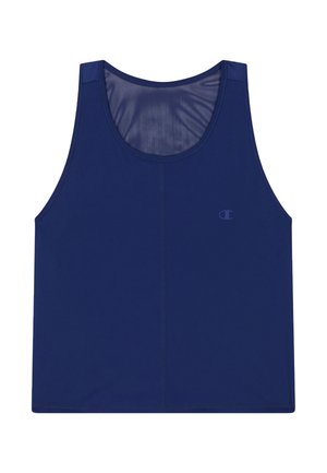 Marineblauwe sportieve tanktop van gladde stof, met een ronde hals, brede armsgaten en een klein logo aan de voorkant.
