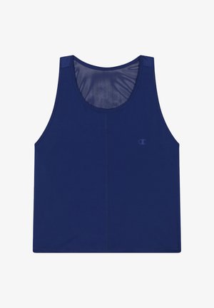 Marineblauwe sportieve tanktop van gladde stof, met een ronde hals, brede armsgaten en een klein logo aan de voorkant.