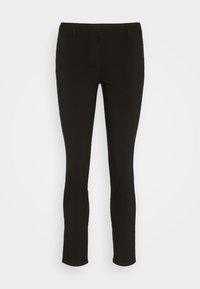 Pantaloni negri, ajustați, cu o textură netedă și croială slim. Talie medie, cu bucle pentru curea și buzunare frontale, fără modele sau accente vizibile.
