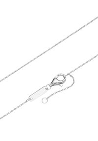 Silver chain necklace with a lobster clasp and adjustable length. Features a rectangular tag and delicate link design.