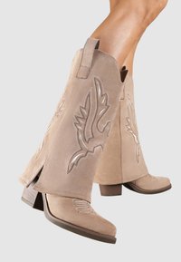 Bottines en daim beige à talon carré, ornées de motifs de aigles brodés et de fentes sur les côtés. Tige texturée et détails en dentelle.