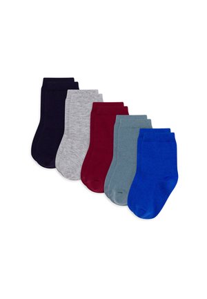 Sechs Paare Baumwollsocks in einer Reihe angeordnet: navy, grau, burgunderrot, tiefblau und blau. Jedes Paar hat einen gerippten Bund und eine glatte Textur.
