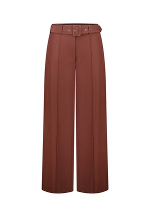 Wijd uitlopende broek in roestbruin stof, met een bijpassende riem met een vierkante gesp en twee voorste naden voor een geplooide look.