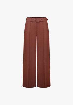 Wijd uitlopende broek in roestbruin stof, met een bijpassende riem met een vierkante gesp en twee voorste naden voor een geplooide look.