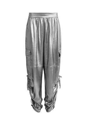 Metallic silver cargo pants with elastic waistband, side pockets, and ruched detailing at cuffs for adjustable fit and style.