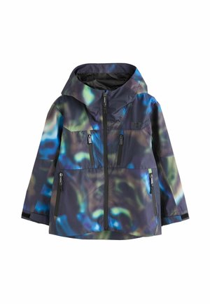 Kinder-Kapuzensjacke mit blau-grün-schwarzem abstraktem Muster, Frontreißverschluss und vier Reißverschlusstaschen.