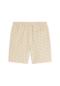 Shorts beige avec un motif texturé de diamants superposés, taille élastique et deux poches latérales, fabriqués en tissu léger.