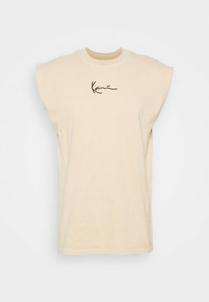 Beige bezrukávové tričko s kulatým výstřihem, na přední straně s černým logem v kurzívě a volným střihem.