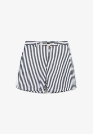Gestreifte Shorts mit navyblauen und weißen vertikalen Streifen, aus leichtem Stoff gefertigt, mit einem Kordelzugbund und Knopfverschluss.