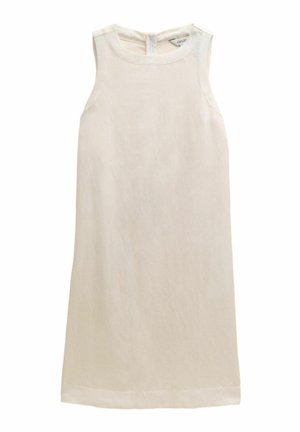 Sleeveless A-line dress in light beige linen, featuring a round neckline and a back zip closure, with a smooth texture and minimal design.