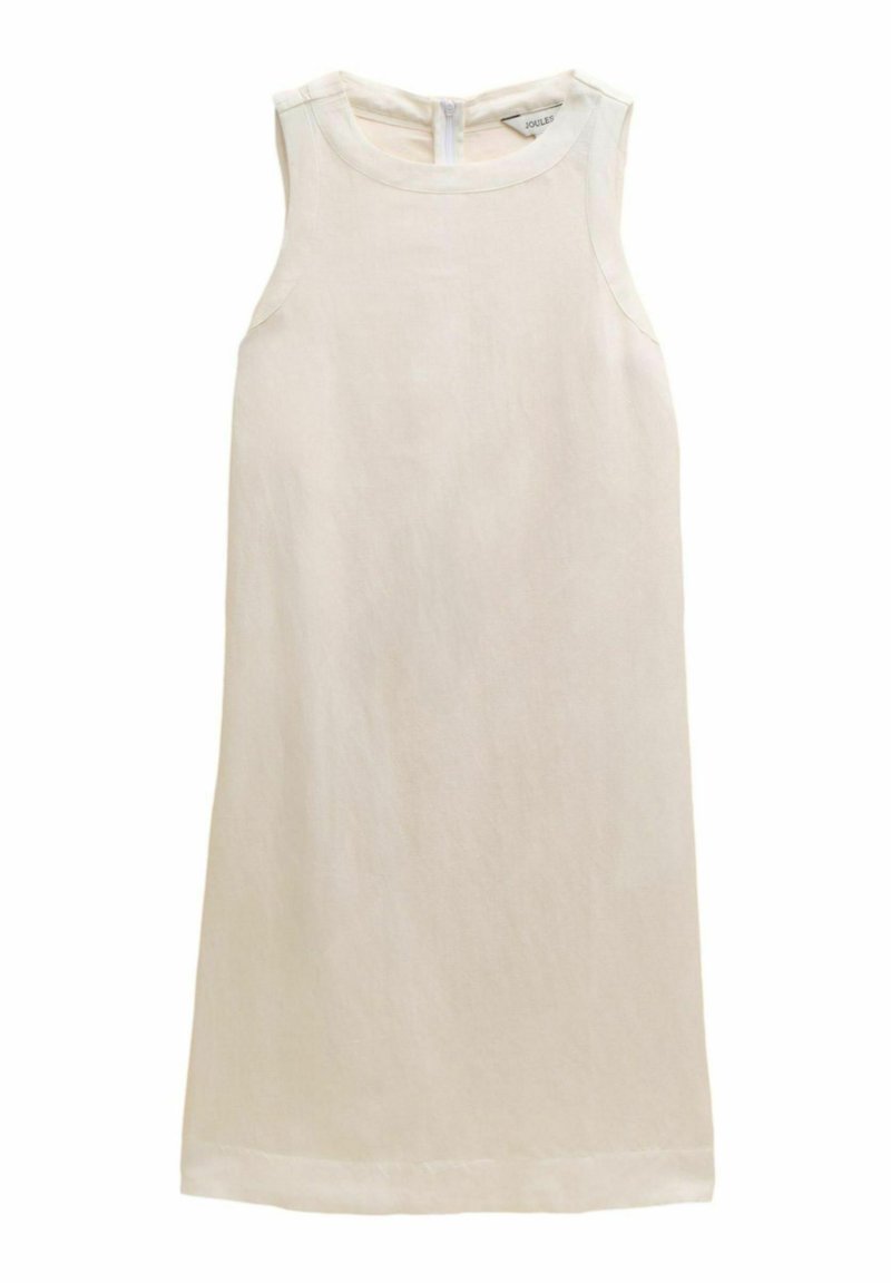Ärmelloses A-Linien-Kleid aus hellem beigen Leinen, mit rundem Ausschnitt und einem Reißverschluss im Rücken, mit einer glatten Textur und minimalistischem Design.