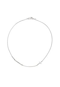 Collana d'argento con una delicata catena accentata da una croce e da anelli rettangolari. Texture liscia con una finitura lucida.