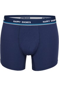 Navyblå bomullsboxer shorts med en kontrasterande resårmidja som har texten "HAPPY SHORTS" och färgglada ränder.