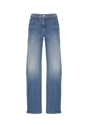 Jeans blu a vita alta con gamba dritta, tasche anteriori, chiusura con bottoni e dettagli sbiaditi su cosce e ginocchia su sfondo bianco.