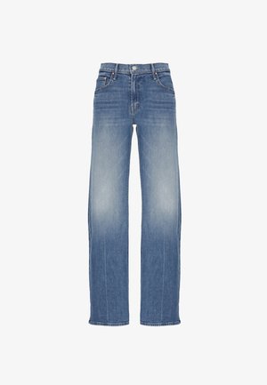 Jeans blu a vita alta con gamba dritta, tasche anteriori, chiusura con bottoni e dettagli sbiaditi su cosce e ginocchia su sfondo bianco.