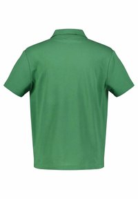 Grön bomullspolo med en mjuk textur, korta ärmar och klassisk krage. Baksidan är enkel utan synliga sömmar eller grafiska detaljer.