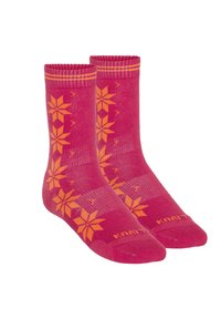 Rosa strumpor med orange snöflingemönster, ribbad mudd och kontrasterande ränder. Tillverkade av mjukt, hållbart material, med förstärkta tår och häl.