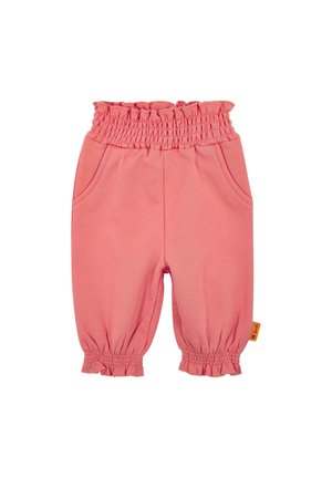 Pantaloni per bambini rosa con una vita arricciata elastica, tasche laterali e polsini arricciati. Realizzati in materiale morbido ed elastico.