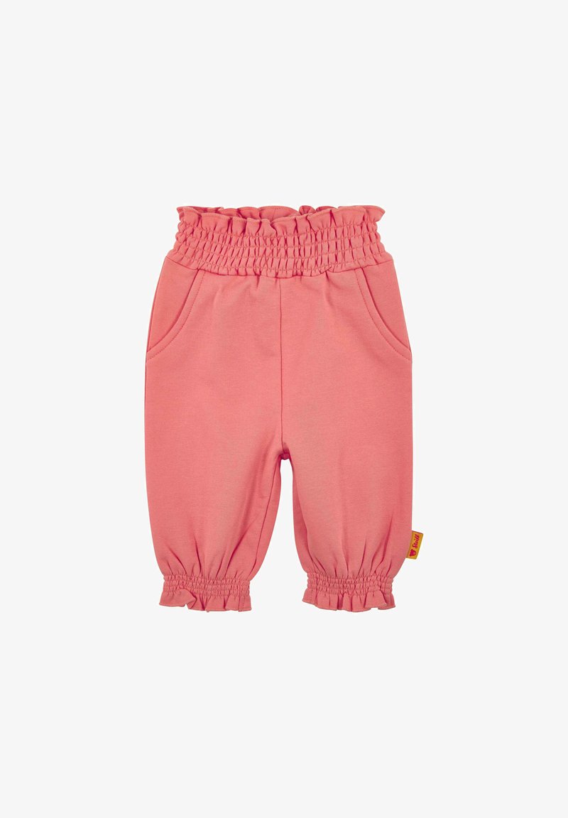 Roze kinderbroek met een elastische, rimpelige tailleband, zijzakken en gathered manchetten. Gemaakt van zacht, rekbaar materiaal.