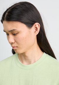 Light green cotton t-shirt with a round neck, smooth texture, and a relaxed fit, displayed on a person with long, dark hair.