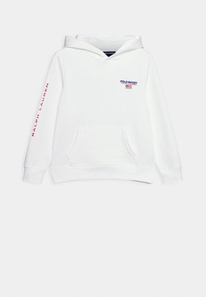 Weißes Kapuzen-Sweatshirt mit Fronttasche, mit dem "POLO SPORT"-Logo in Blau und Rot auf der Brust und dem Schriftzug "RALPH LAUREN" am Ärmel.