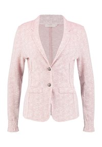 Rosa texturerad blazer i tyg med ett mönster. Har en vågig krage, två framfickor och en enkel knappstängning.