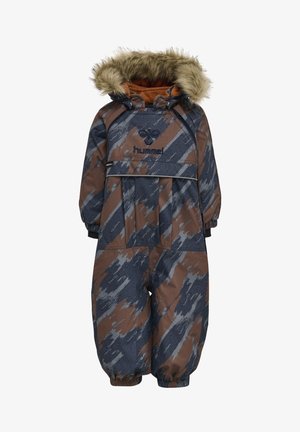 Braun und marineblauer gemusterter Kinder-Schneeanzug mit einer Kapuze aus Kunstpelz, elastischen Bündchen und einem Logo auf der Brust. Wasserabweisendes Design.