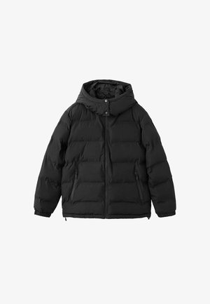 Sort pufferjakke med hætte, der har en quiltet design, lynlåslommer på siderne og elastiske manchetter. Fremstillet af et glat, vandafvisende materiale.