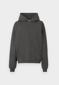 Haut à capuche gris foncé en tissu doux, avec un cordon de serrage, des poignets côtelés et un logo discret imprimé sur le devant.