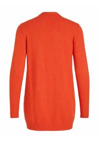 Svetr s dlouhými rukávy ve výrazné oranžové barvě, s kulatým výstřihem, žebrovaným lemem a hladkou úpravou pleteniny. Pohled zezadu ukazuje design s celkovou délkou rukávů.