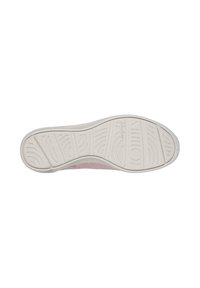 Suela de zapato Skechers en goma blanca con patrones de tracción texturizados; cuenta con una parte superior de malla rosa con un diseño transpirable y punta redonda.