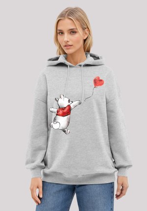 Grauer Hoodie mit einer Kängurutasche, ausgestattet mit einem bedruckten Design eines Bären, der einen roten herzförmigen Ballon hält. Weicher Stoff mit Rippbündchen.