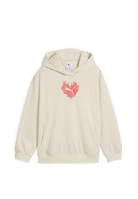 Sudadera con capucha beige hecha de una tela suave. Presenta un logo de corazón en forma de llama rosa en el frente y un bolsillo tipo canguro.