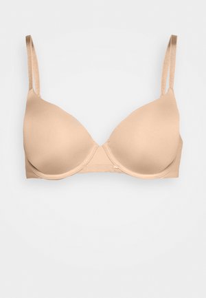 Beige polstret bh med justerbare stropper, glatt stoff, undertrådsstøtte og en krok-og-løkke lukking bak.