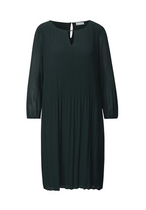 Tumma vihreä laskostettu mekko kolmannelta neljännekseltä olevilla hihoilla, pyöreällä kaula-aukolla ja avausyksityiskohdalla edessä. Silkkinen, kevyt kangas.