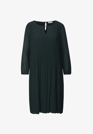 Abito plissettato verde scuro con maniche a tre quarti, scollo tondo e dettaglio a chiave sul davanti. Tessuto morbido e leggero.