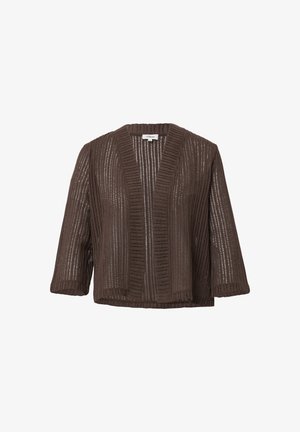 Bruine gebreide cardigan met een open voorkant, geribbelde textuur, driekwartmouwen en een verticale streepjespatroon. Lichtgewicht en ademend materiaal.