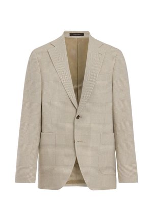 Beige ternet herreblazer med enkeltknaplukning, hakrevers, to forlommer og to knapper foran, fuldt foret indvendigt.