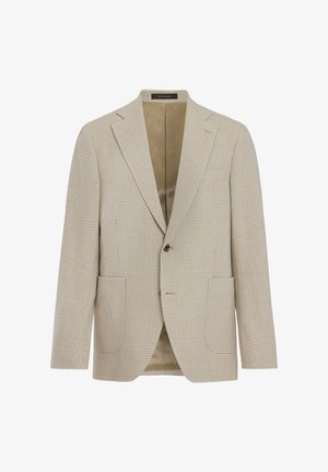Blazer da uomo beige a quadri, monopetto con rever a lancia, due tasche frontali e chiusura con due bottoni, completamente foderato all'interno.